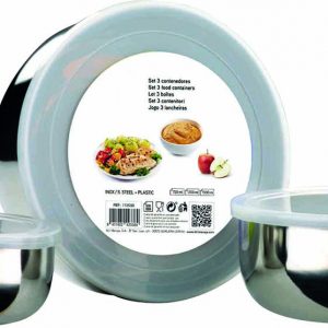 Set de 3 boîtes inox avec couvercle plastique.