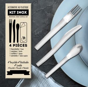 ATOLL COUVERTS EN INOX SACHET 4/1 : COUTEAU, FOURCHETTE, CUILLÈRE À CAFÉ, SERVIETTE vendu au lot de 10.