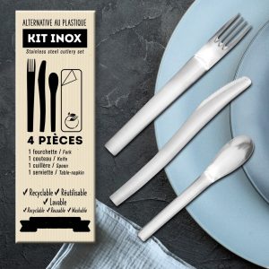 ATOLL COUVERTS EN INOX SACHET 4/1 : COUTEAU, FOURCHETTE, CUILLÈRE À CAFÉ, SERVIETTE vendu au lot de 10.