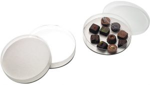 BOITES à BONBONS EN PVC RONDES AVEC FOND CARTON BLANC X 10 UNITES
